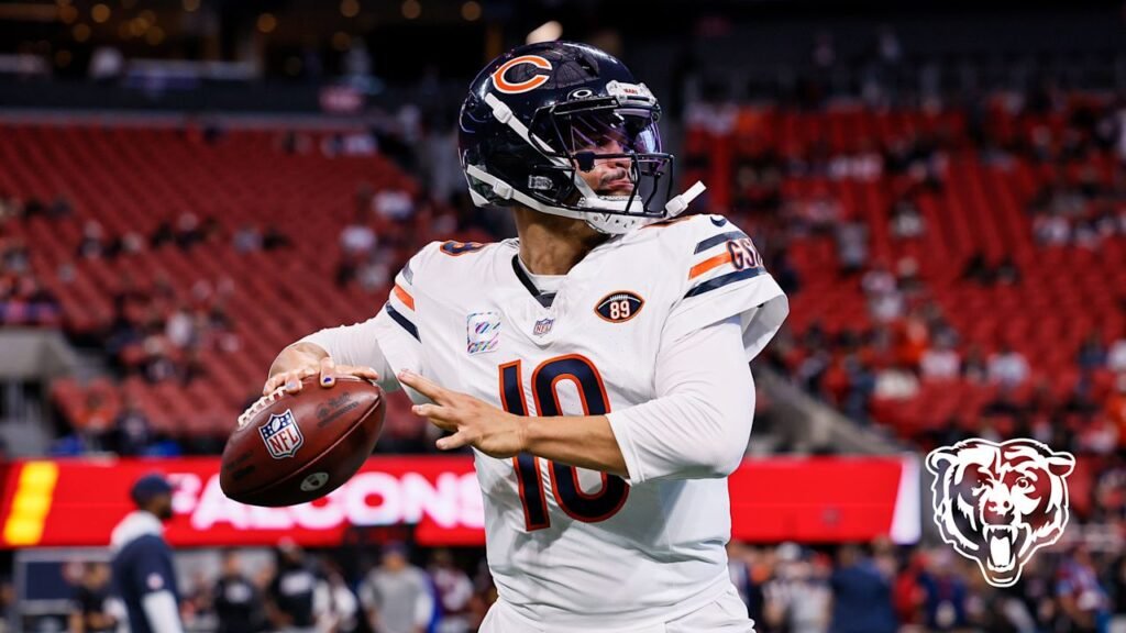 Caleb Williams prepares to throw at Mercedes-Benz Stadium before Chicago’s game against Atlanta.