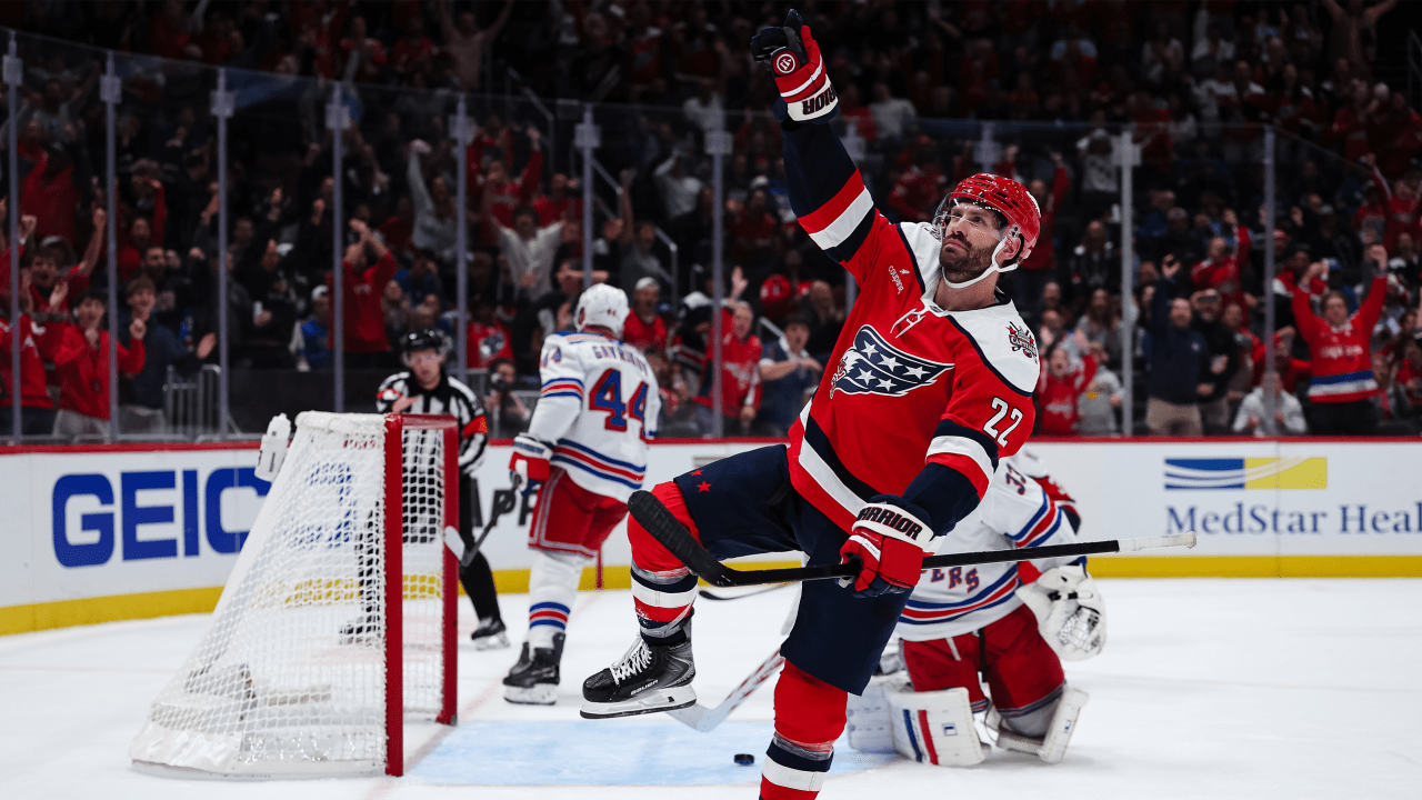 Washington’s Boone Jenner celebrates a goal against the New York Rangers on October 9