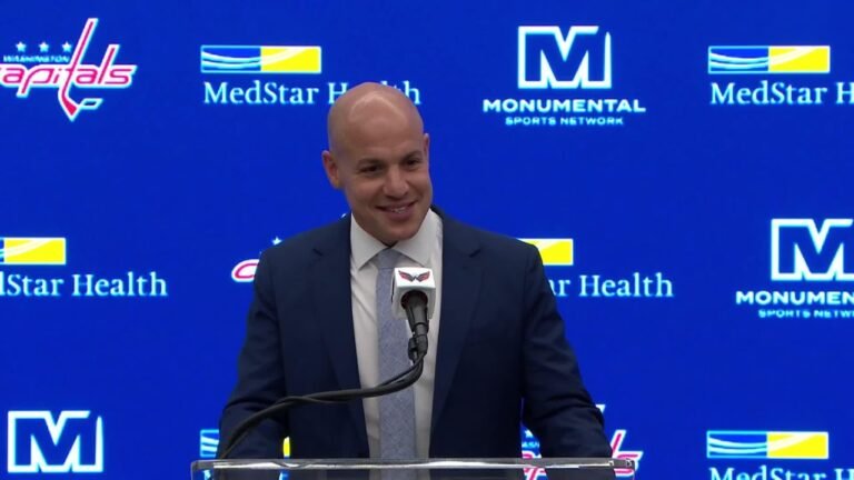 Spencer Carbery answers questions after Washington’s 5–3 win over Pittsburgh on October 7, 2026.