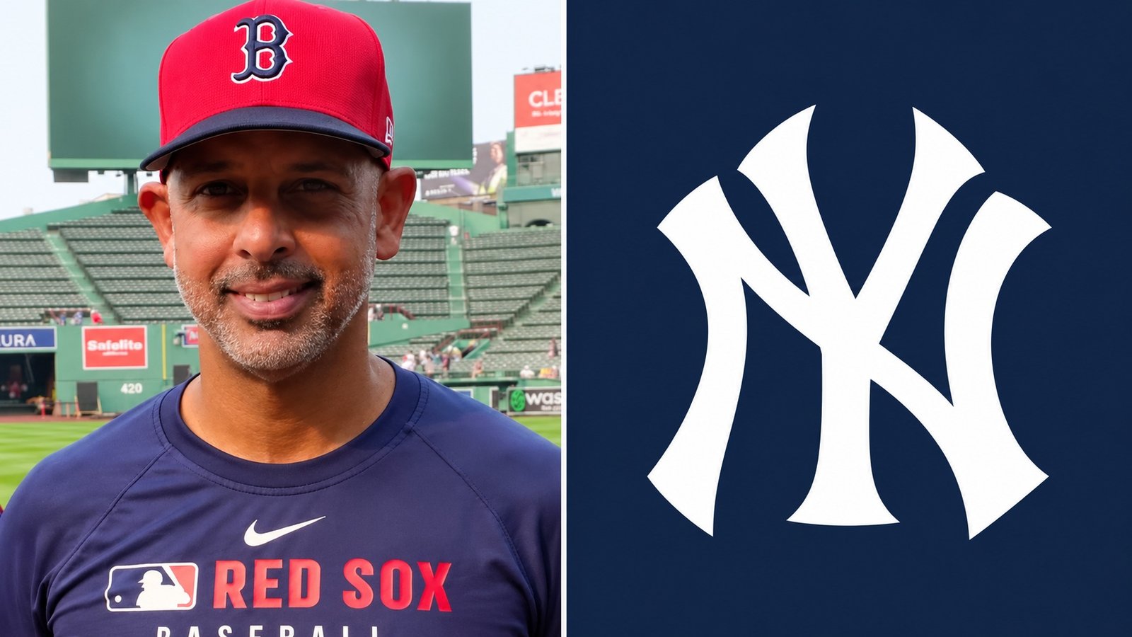 Split-screen composite of Alex Cora on the left and the New York Yankees logo on the right.