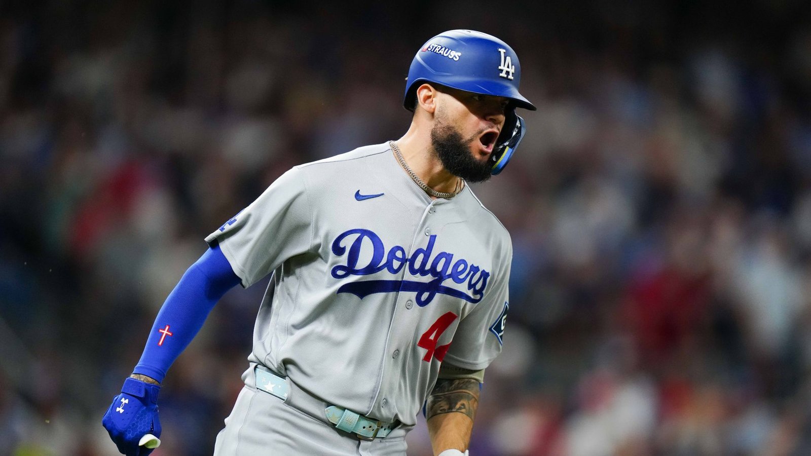 Andy Pages in a Dodgers road uniform during NLDS Game 4 at Truist Park on October 7, 2026.