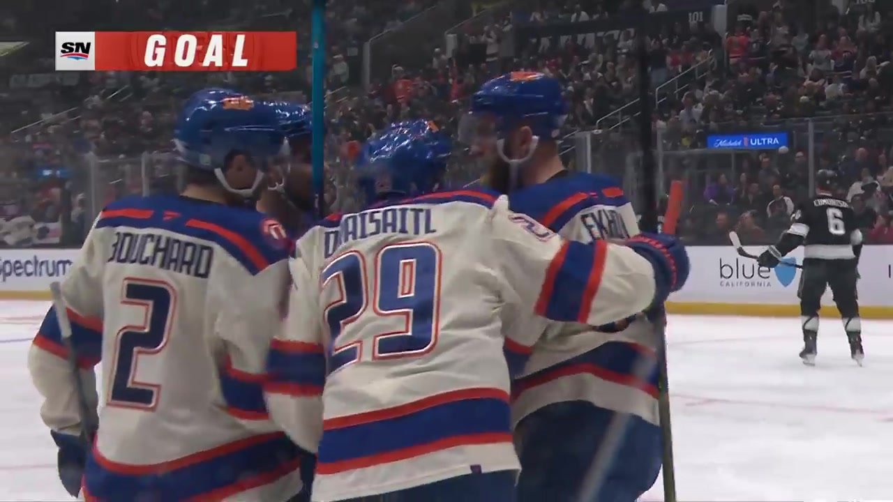 Leon Draisaitl celebrates his opening goal against Los Angeles on October 13, 2026.