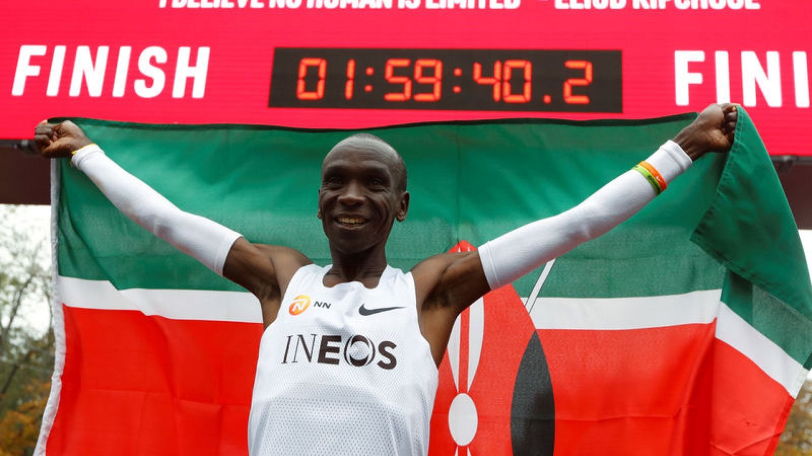 Eliud Kipchoge celebrates his sub-two-hour marathon in Vienna.