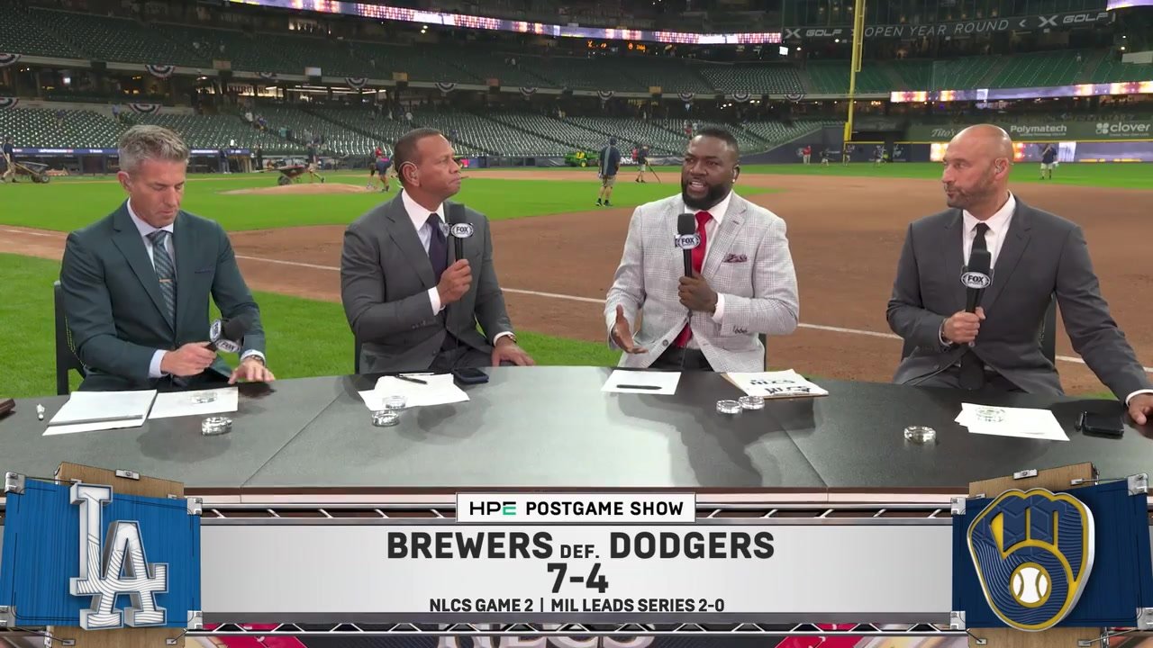 Kevin Burkhardt, Alex Rodriguez, David Ortiz and Derek Jeter at the FOX postgame desk after Brewers–Dodgers NLCS Game 2.