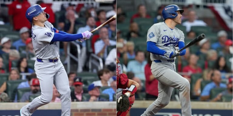 MLB.com's two-photo composition shows Kik&eacute; Hern&aacute;ndez on the left and Freddie Freeman on the right swinging in gray Dodgers uniforms.