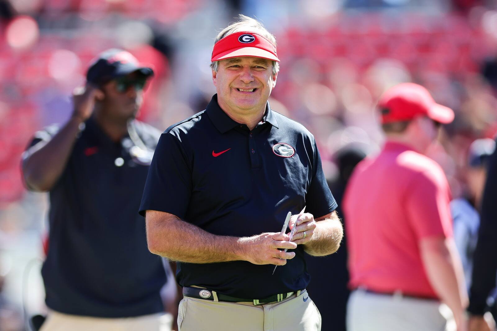 Georgia coach Kirby Smart on the field during pregame warmups against Oklahoma
