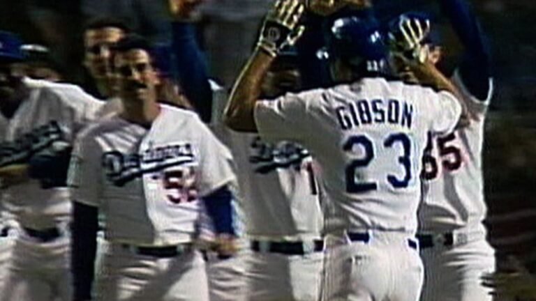 Kirk Gibson celebrates with Dodgers teammates after his 1988 World Series Game 1 home run.