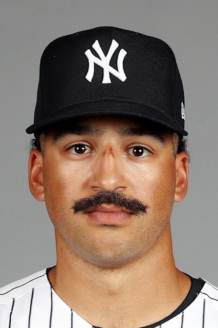 Trent Grisham wearing a New York Yankees cap and pinstriped jersey in an official profile photograph.