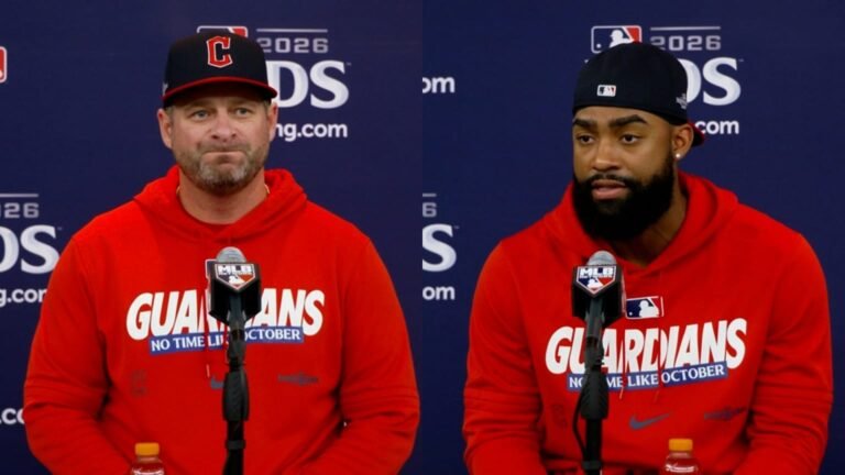 Stephen Vogt and Jo Adell speaking at the official pregame media session before ALDS Game 4 on October 8, 2026.