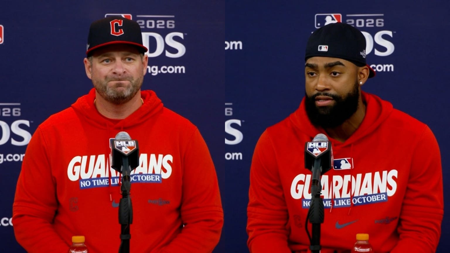 Stephen Vogt and Jo Adell speaking at the official pregame media session before ALDS Game 4 on October 8, 2026.
