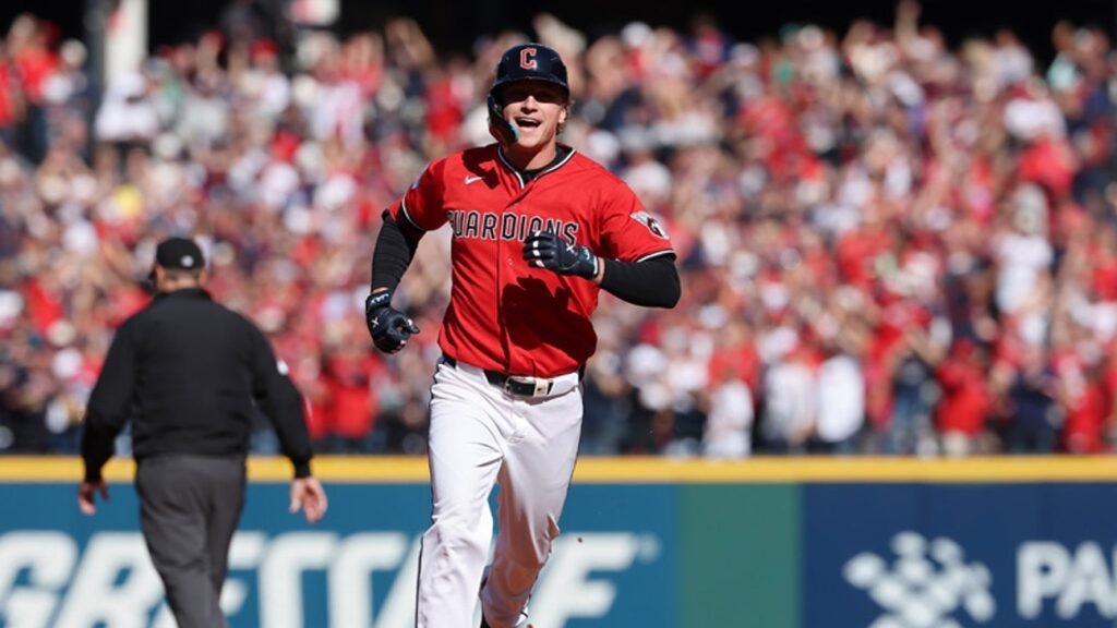 Petey Halpin rounds the bases in Cleveland during ALCS Game 3.