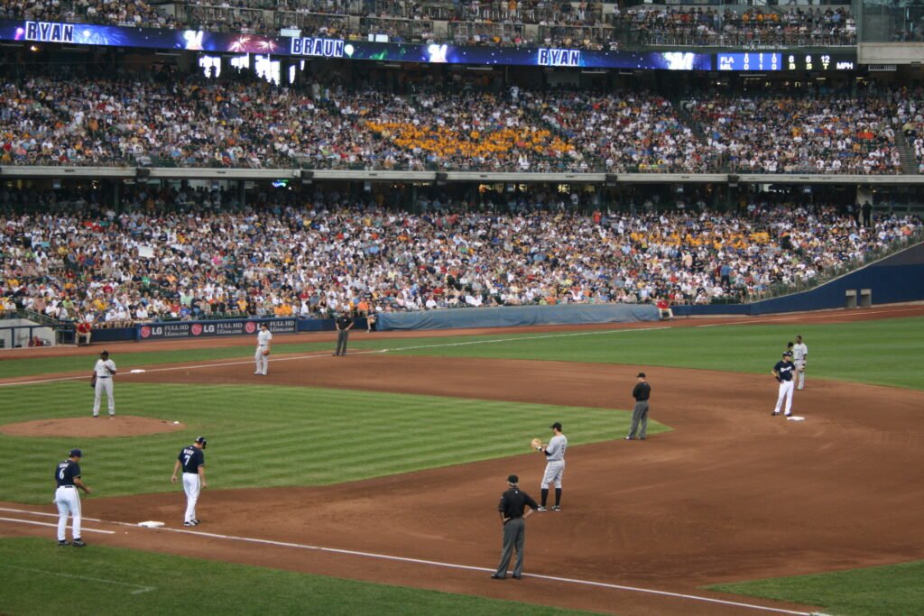 Milwaukee players on the basepaths during a game at Miller Park in 2007.
