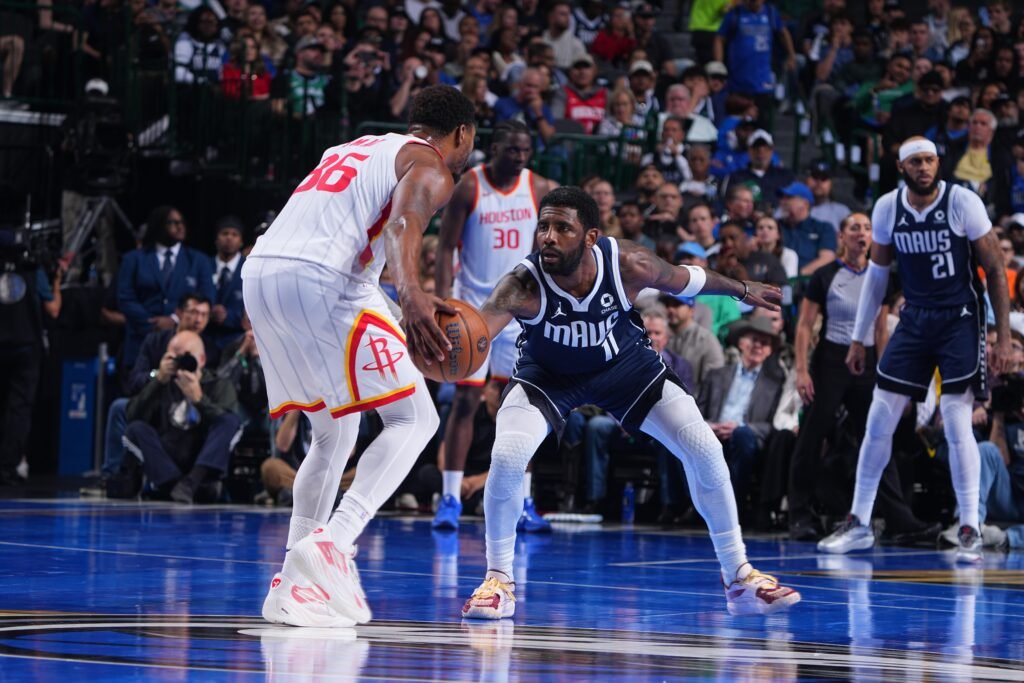 Kyrie Irving defends against Houston.