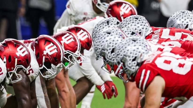 Indiana and Ohio State players line up at the line of scrimmage during the December 2025 Big Ten championship game.