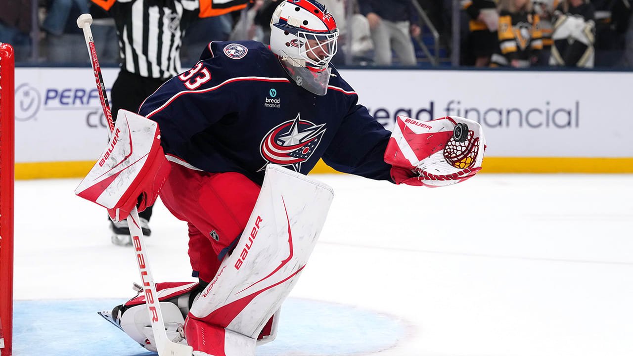 Columbus Blue Jackets goalie Cam Talbot in action against Pittsburgh on October 9
