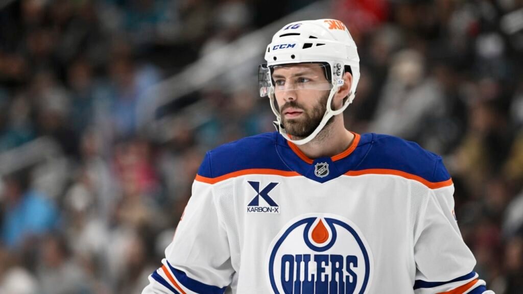 Jason Dickinson wearing an Edmonton Oilers uniform on the ice