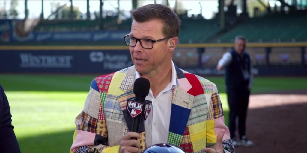 Jeff Levering wears Uecker’s jacket on MLB Central.