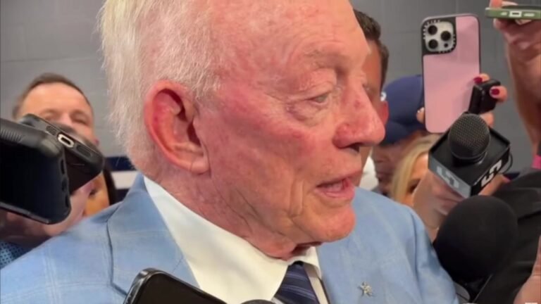 Jerry Jones speaks to reporters following Dallas’ October 8 loss to Tampa Bay.