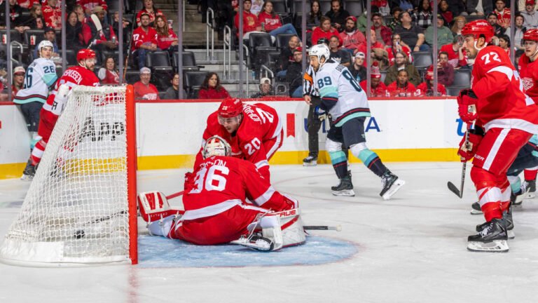 Seattle’s Frederick Gaudreau near Detroit goalie John Gibson during the October 9 game
