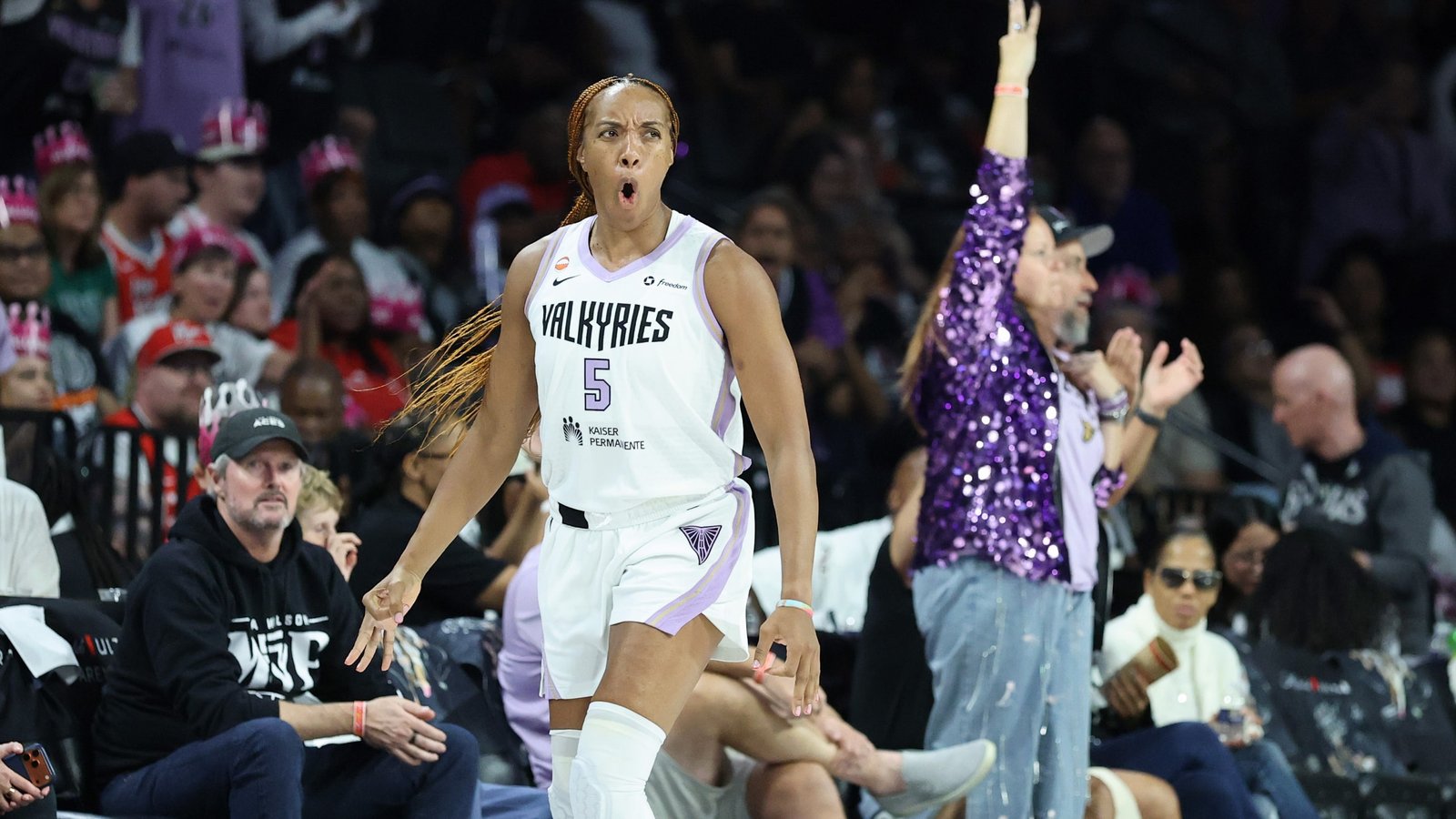 Kayla Thornton celebrates in a Golden State Valkyries uniform.