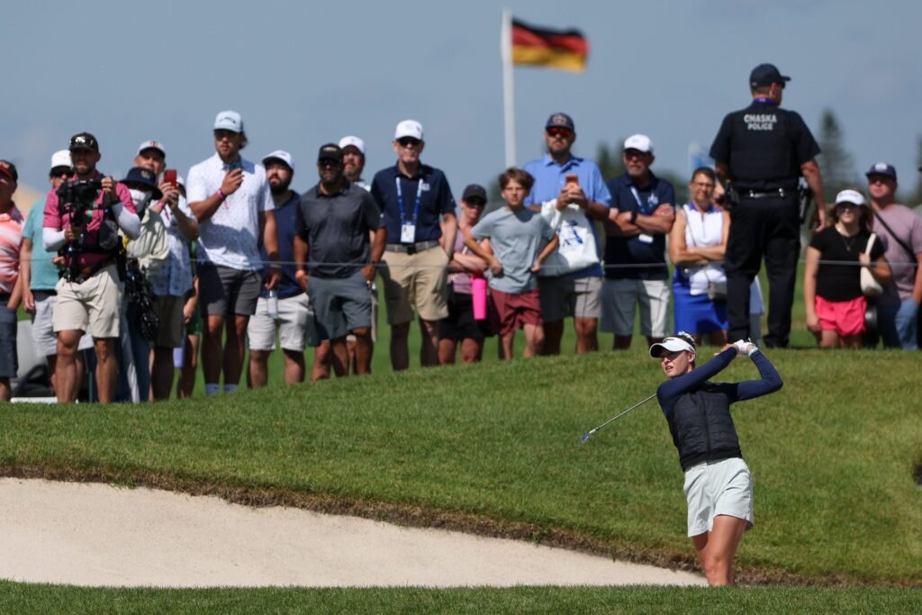 Nelly Korda follows through from a fairway bunker during the 2026 KPMG Women’s PGA Championship.