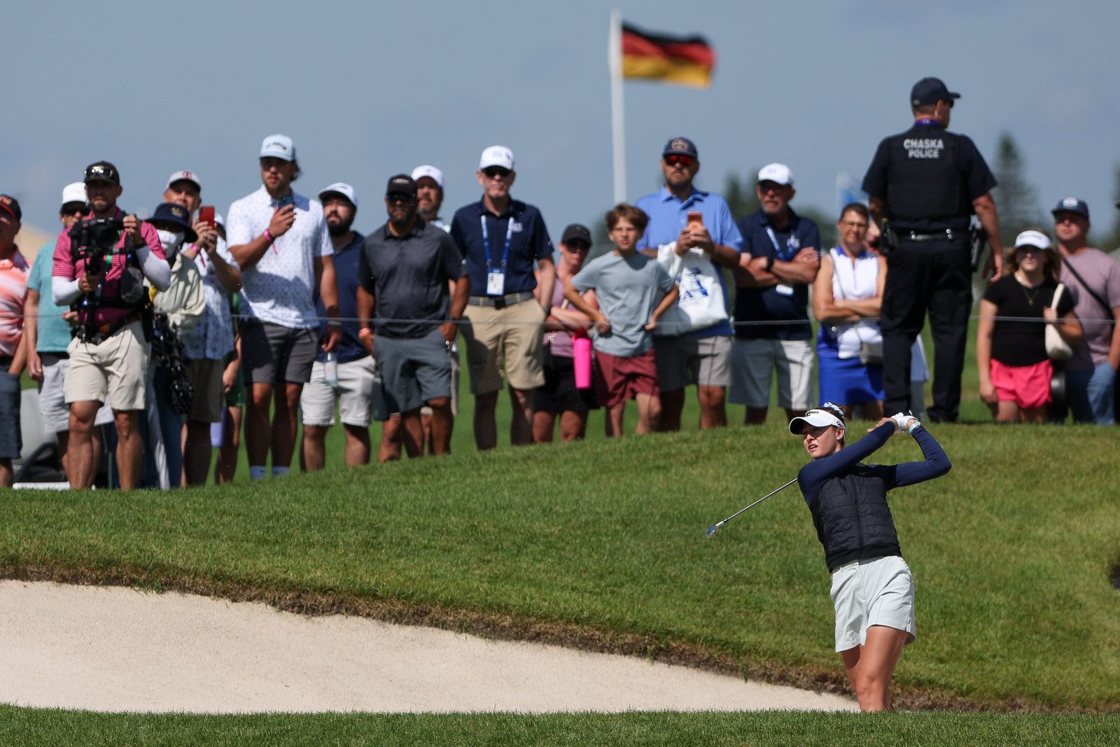 Nelly Korda follows through from a fairway bunker during the 2026 KPMG Women’s PGA Championship.