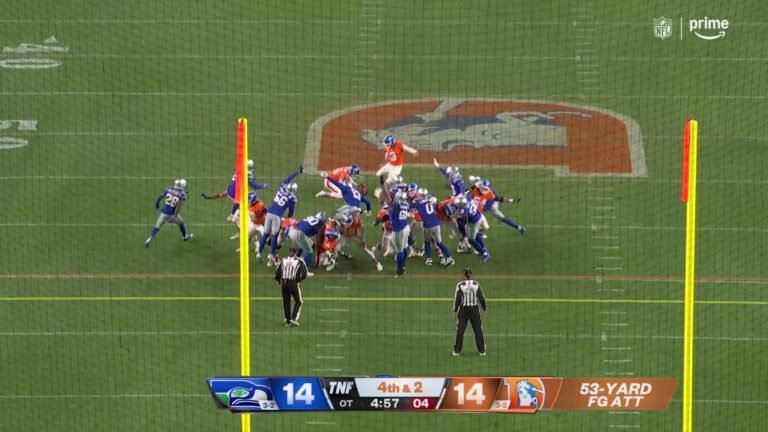 Wil Lutz kicks the winning 53-yard field goal against Seattle in overtime on October 15, 2026.