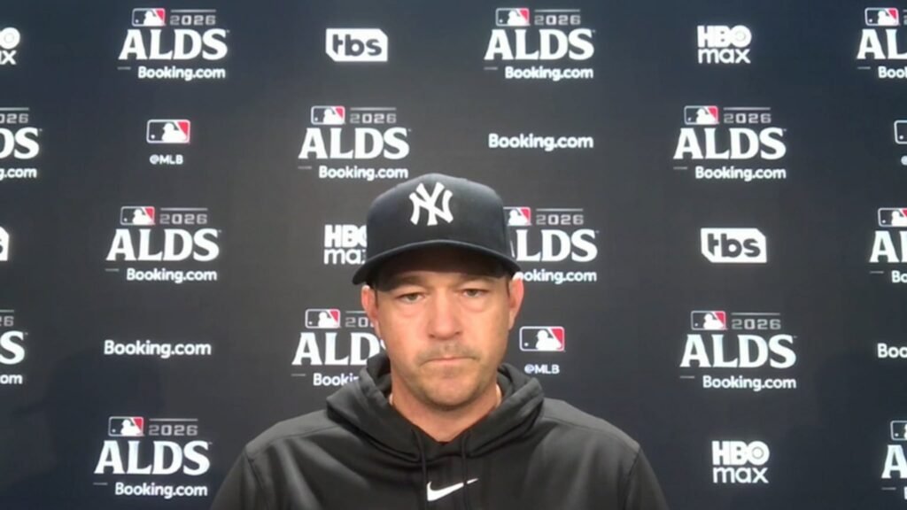 Yankees pitching coach Matt Blake speaks at a 2026 ALDS press conference.