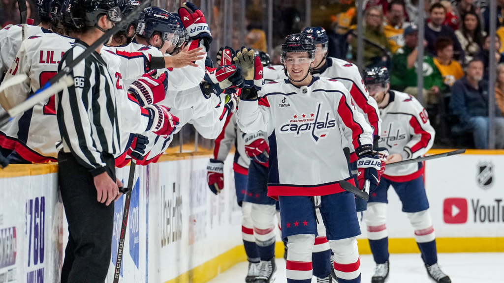 Washington Capitals players celebrate beside their bench at Nashville.