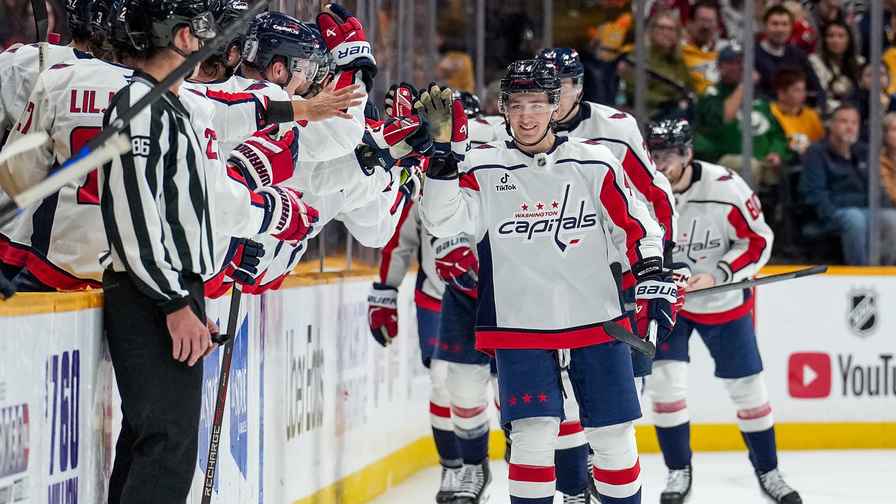 Washington Capitals players celebrate beside their bench at Nashville.