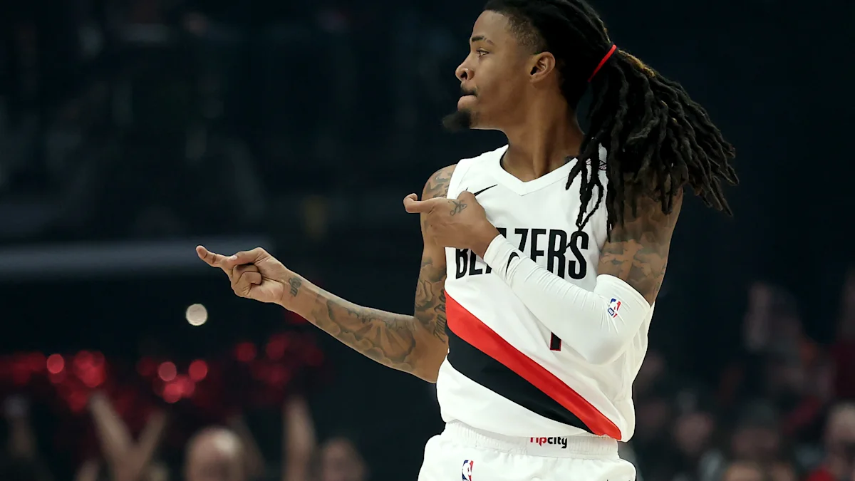 Ja Morant wearing a white Portland Trail Blazers uniform