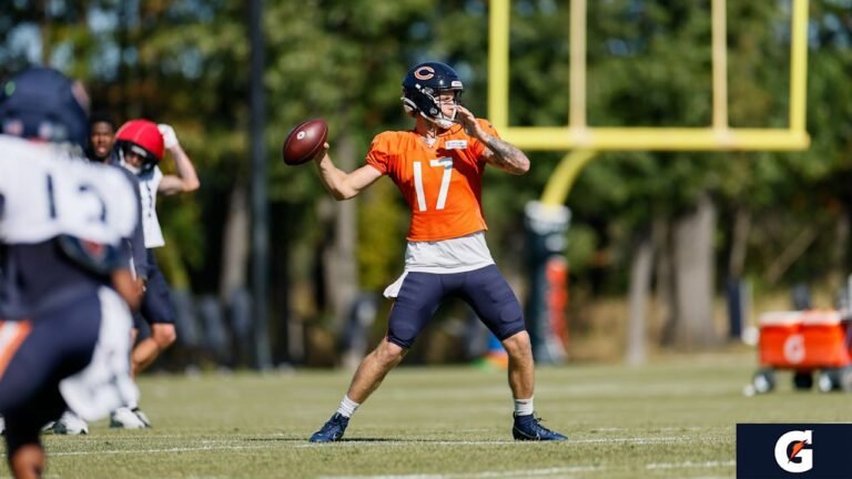 Bears quarterback Tyson Bagent throws a football at Halas Hall during Week 5 practice