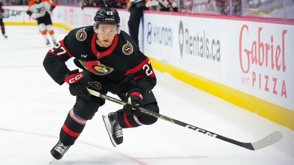 William Eklund of the Ottawa Senators skating against Philadelphia.