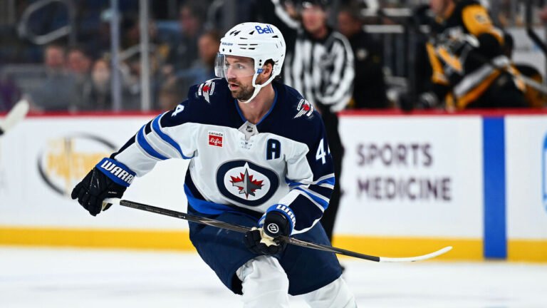 Winnipeg Jets defenseman Josh Morrissey skating at Pittsburgh.