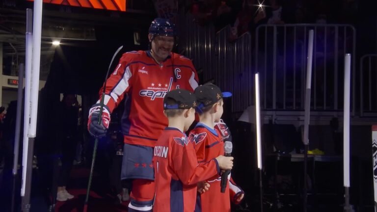 Alex Ovechkin with his sons during his introduction before Washington’s October 7 game against Pittsburgh