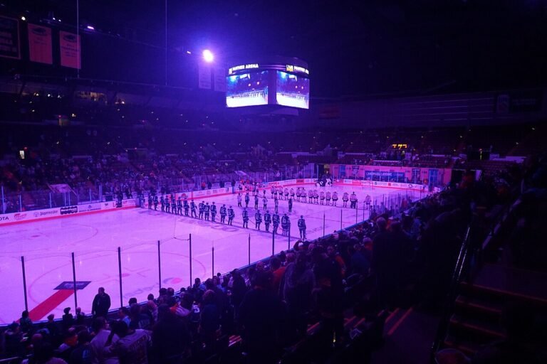Hockey players line up on purple-lit ice during a Hockey Fights Cancer commemoration