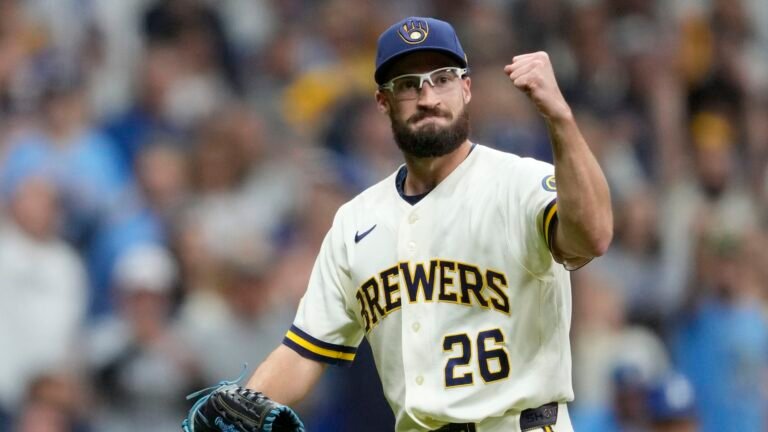 Aaron Ashby during Dodgers–Brewers NLCS Game 1 at American Family Field on October 11, 2026.
