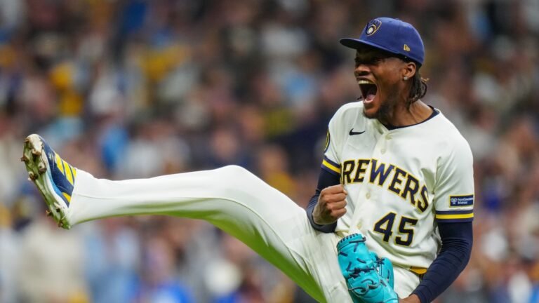 Abner Uribe during Dodgers–Brewers NLCS Game 1 at American Family Field on October 11, 2026.
