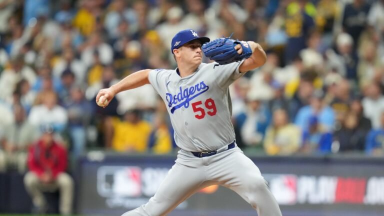 Evan Phillips during Dodgers–Brewers NLCS Game 1 at American Family Field on October 11, 2026.