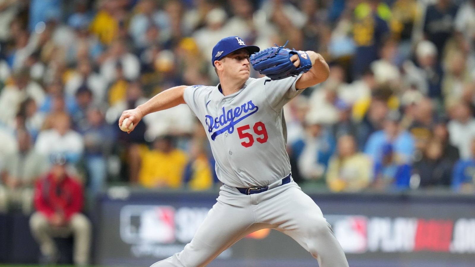 Evan Phillips during Dodgers–Brewers NLCS Game 1 at American Family Field on October 11, 2026.