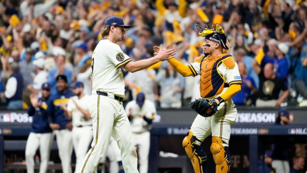 Trevor Megill during Dodgers–Brewers NLCS Game 1 at American Family Field on October 11, 2026.
