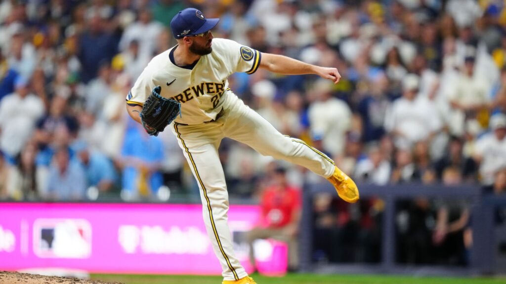 Aaron Ashby during Dodgers–Brewers NLCS Game 2 at American Family Field on October 12, 2026.