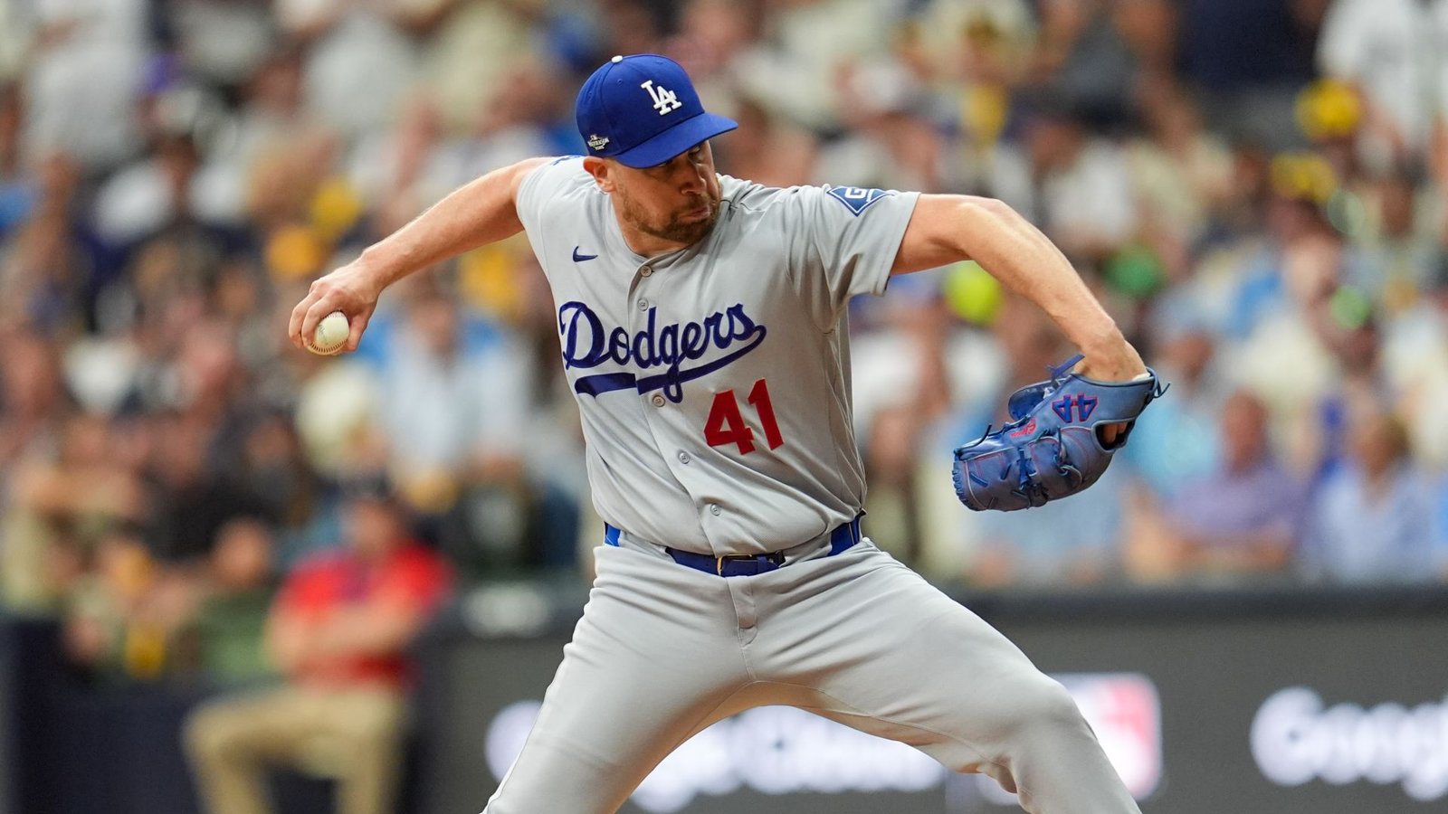 Brock Stewart during Dodgers–Brewers NLCS Game 2 at American Family Field on October 12, 2026.