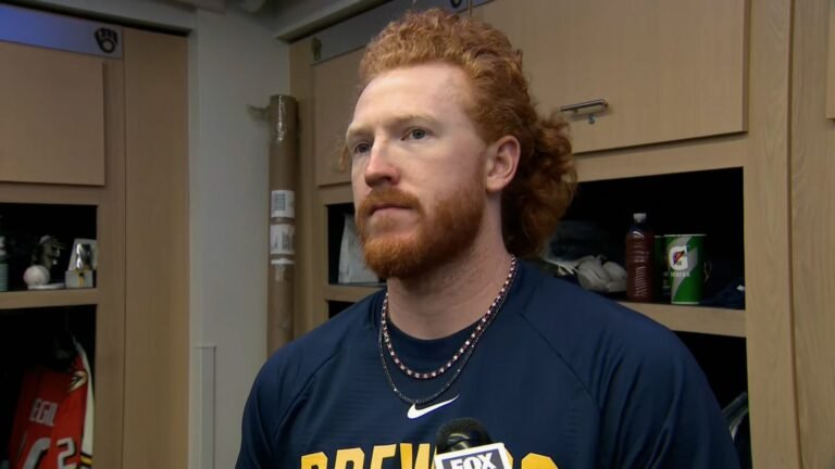 Dustin May speaking after Dodgers–Brewers NLCS Game 2 on October 12, 2026. Image from the official MLB postgame video.
