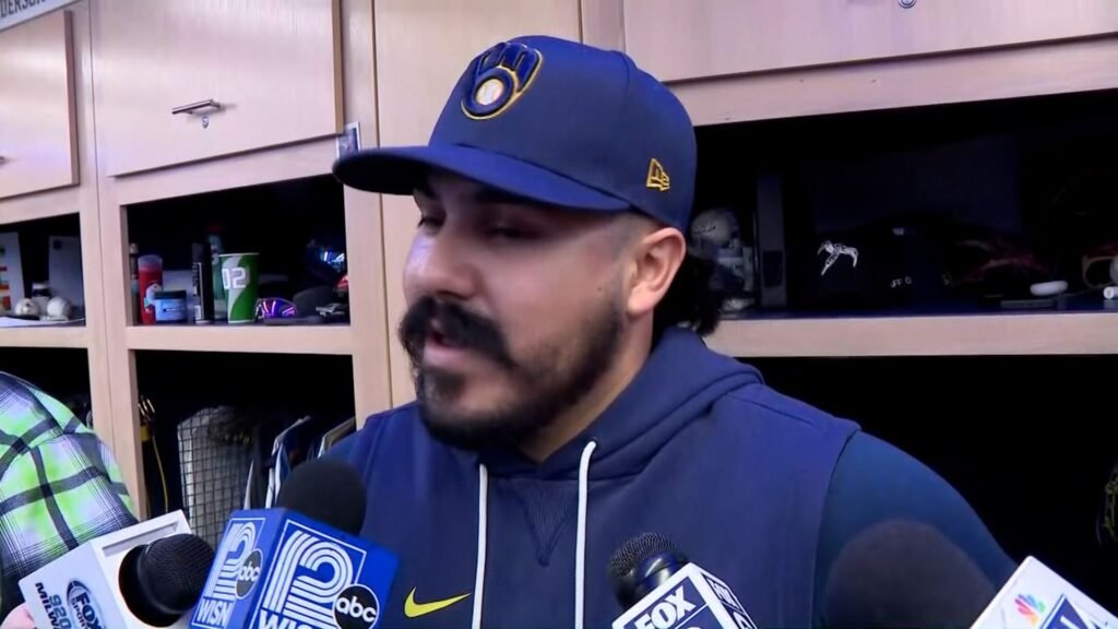 JoJo Romero speaking after Dodgers–Brewers NLCS Game 2 on October 12, 2026. Image from the official MLB postgame video.
