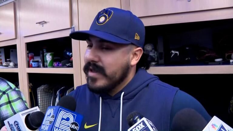 JoJo Romero speaking after Dodgers–Brewers NLCS Game 2 on October 12, 2026. Image from the official MLB postgame video.