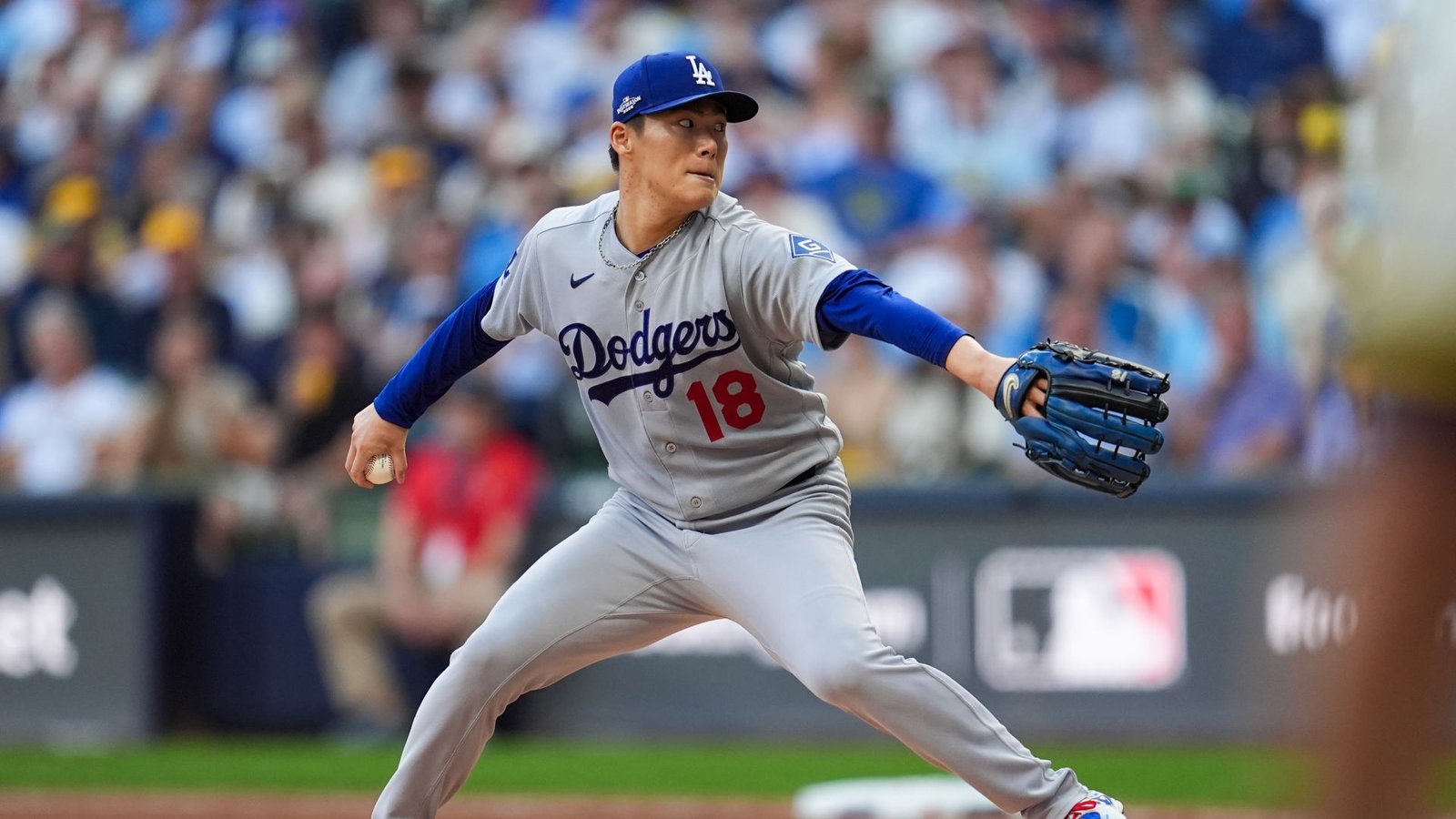 Yoshinobu Yamamoto during Dodgers–Brewers NLCS Game 2 at American Family Field on October 12, 2026.