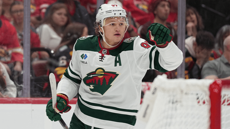 Kirill Kaprizov wearing a Minnesota Wild jersey.