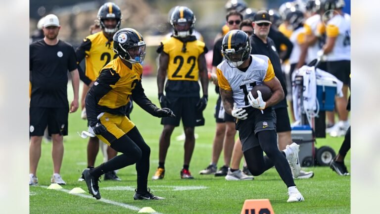Michael Pittman Jr. and Jaquan Brisker at Pittsburgh Steelers practice.