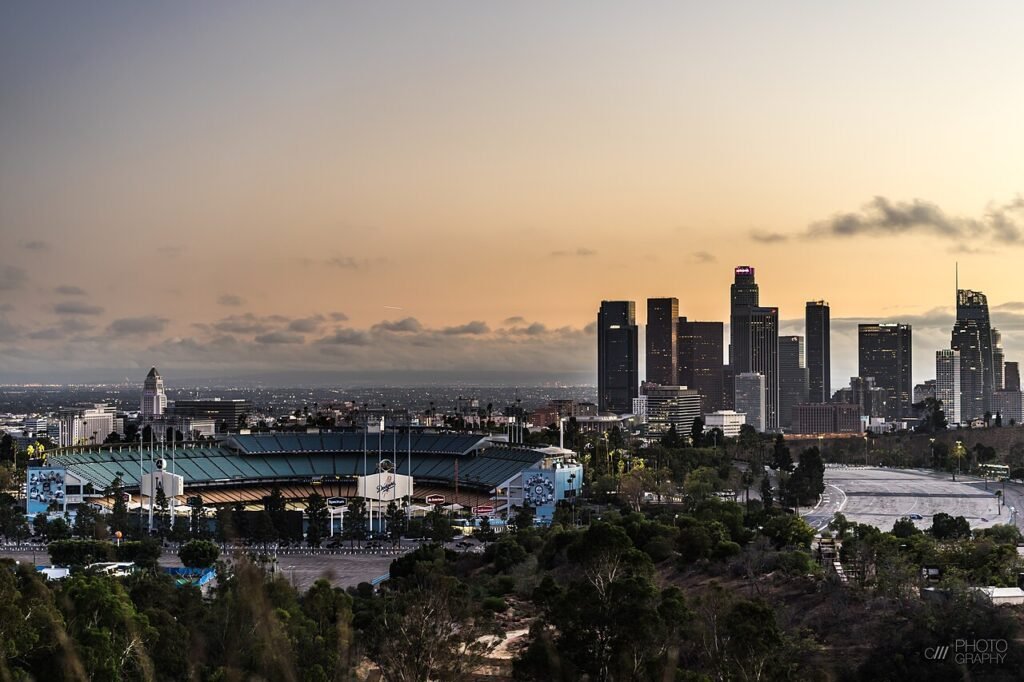 Dodger Stadium and downtown Los Angeles in October 2016. File photograph.